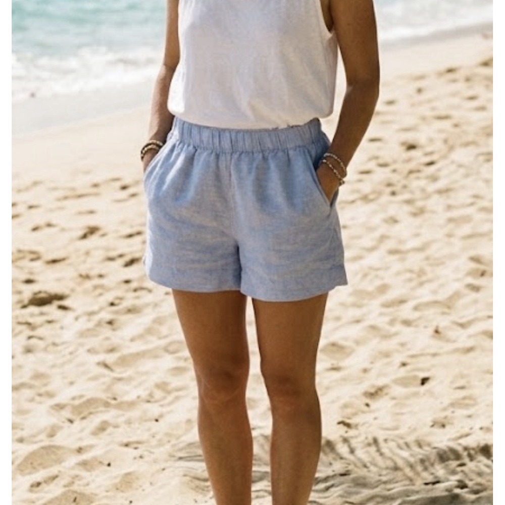 C&C California 100% Linen Shorts Sz L 10 Blue Pull On Elastic Waist Beach Preppy